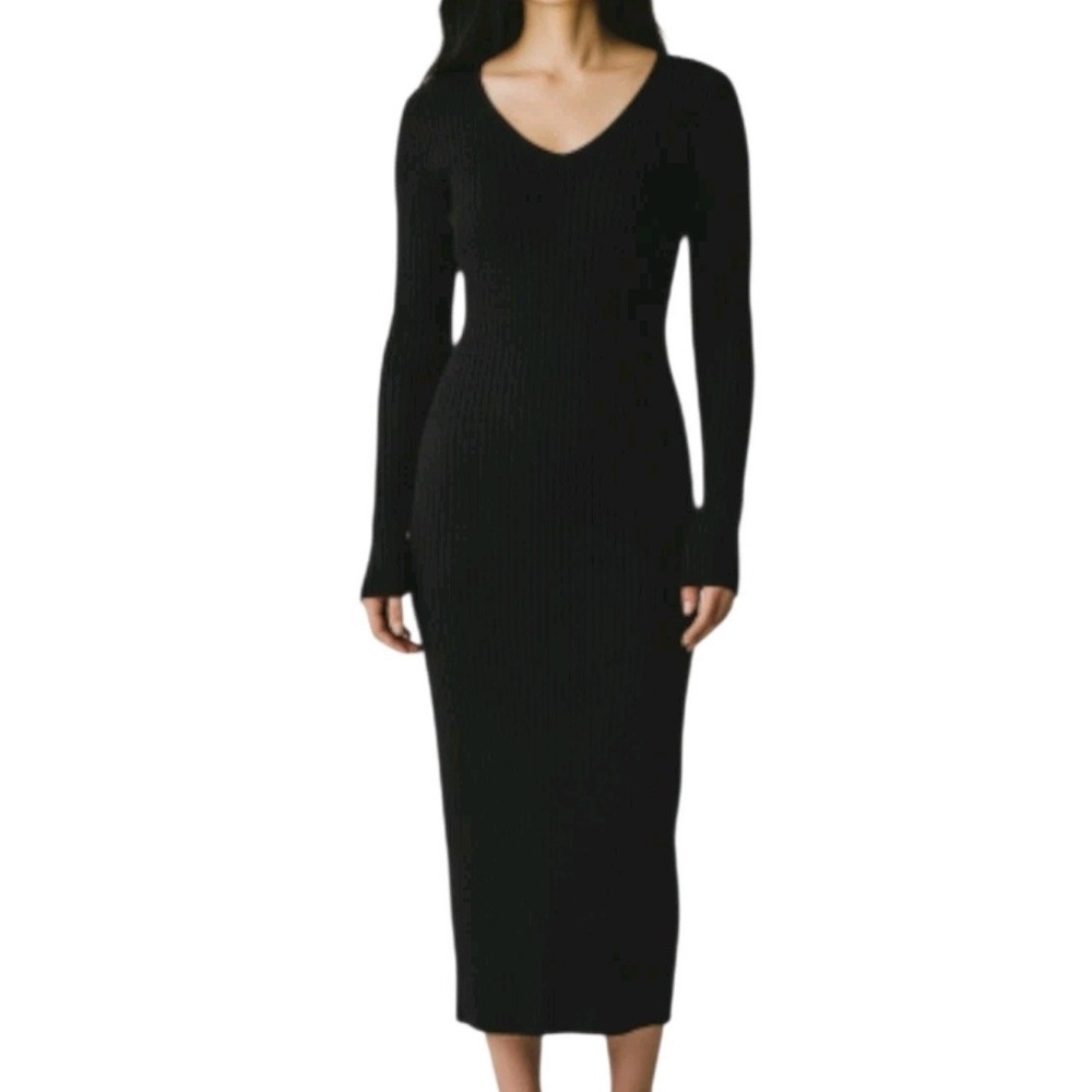 Lulus Dress Womens Size M Medium Black Ribbed Stretch‎ Knit Long Sleeve Classic